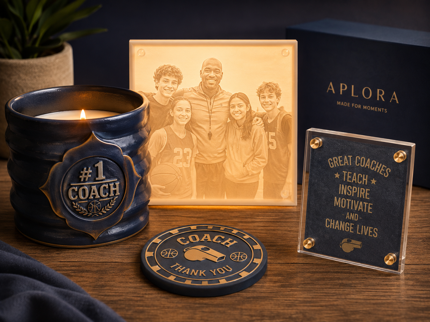 Coach gift product showcase with candle case, lithophane, coaster, and plaque